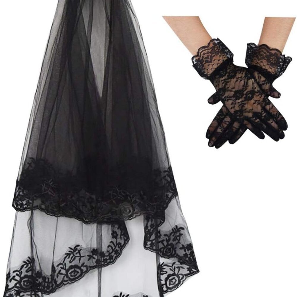 Black Lace Veil Bridal Wedding Veils Halloween Veil With Comb and Gloves